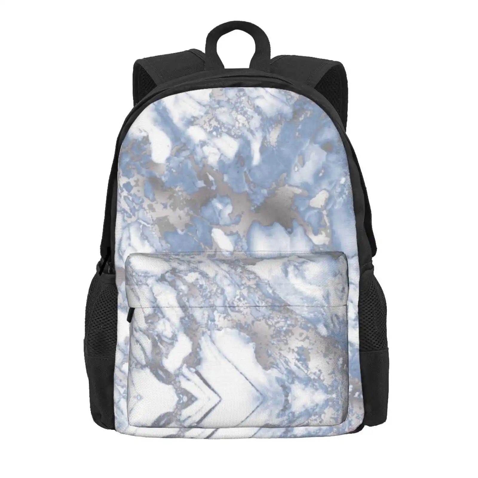 Pale Blue And Silver White Marble Effect Pattern Hot Sale Schoolbag Backpack Fashion Bags Blue Silver Marble Blue Marble