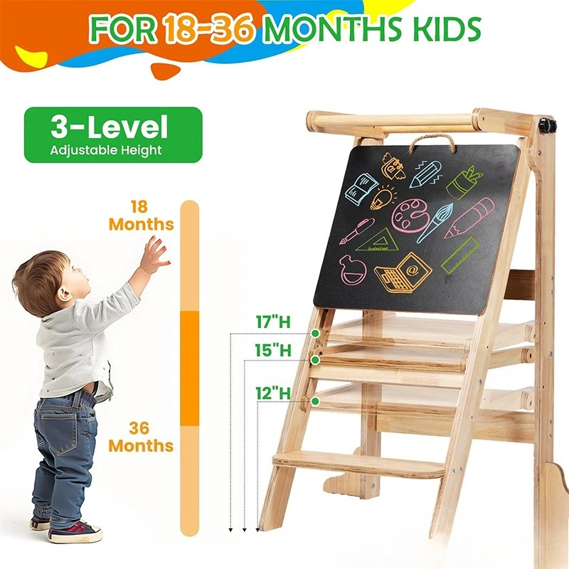 Solid wood learning tower creative and simple two-in-one children's stool with blackboard washing steps foldable children's