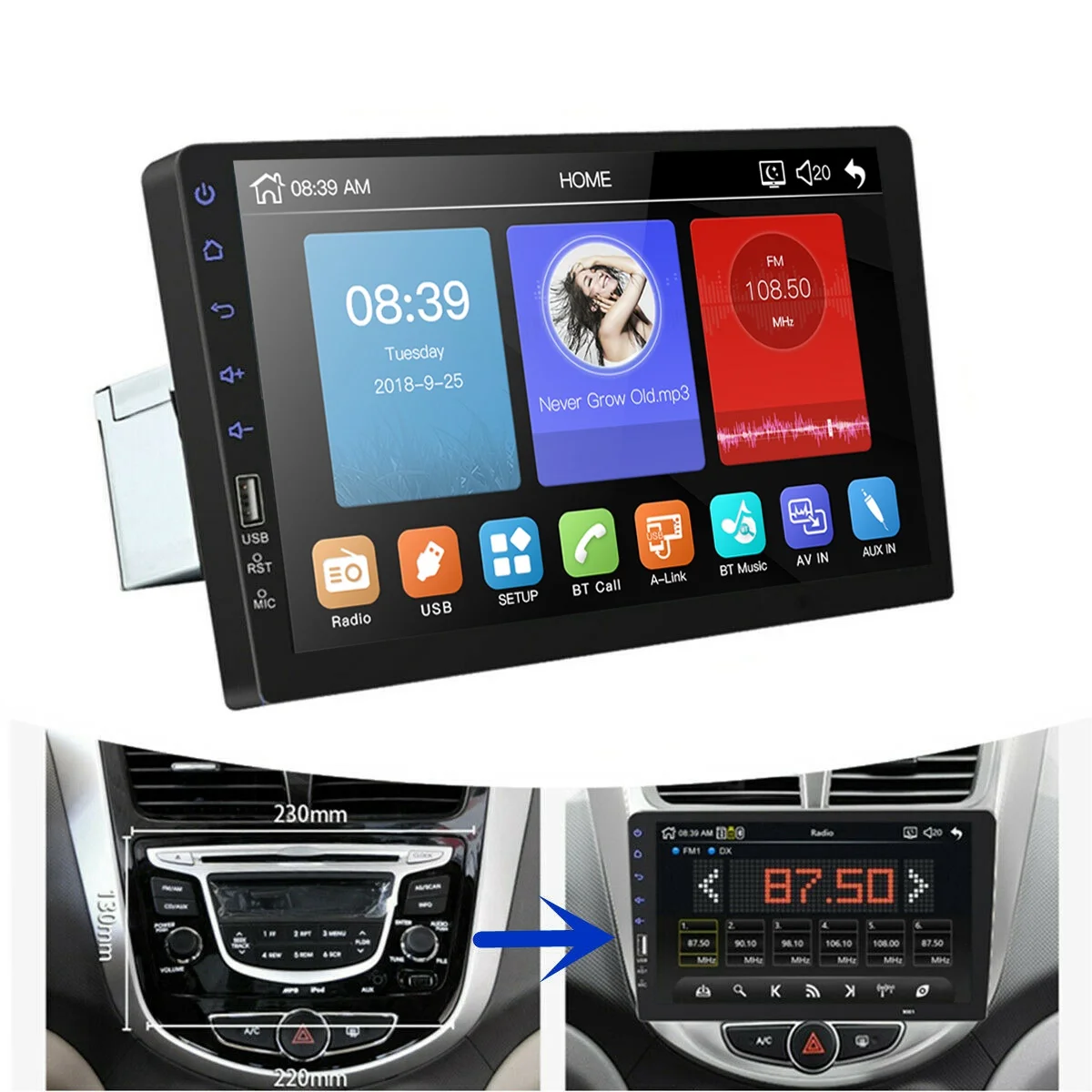 9Inch 1Din Car MP5 Player Press Screen FM Radio Bluetooth USB AUX Mirror