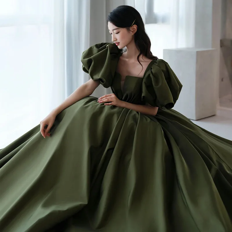 Princess Dark Green Backless Evening Dress 2022 Sexy Square Neck Puff Sleeve A-Line Party Prom Gown