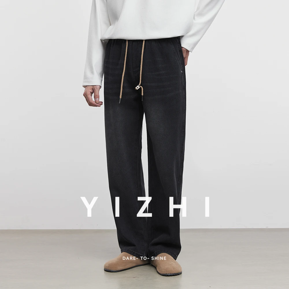 2025 Spring and Autumn New Men's Tight Waist Black Jeans Fashion Retro Drawstring High Street Casual Mopping Pants Men's Jeans