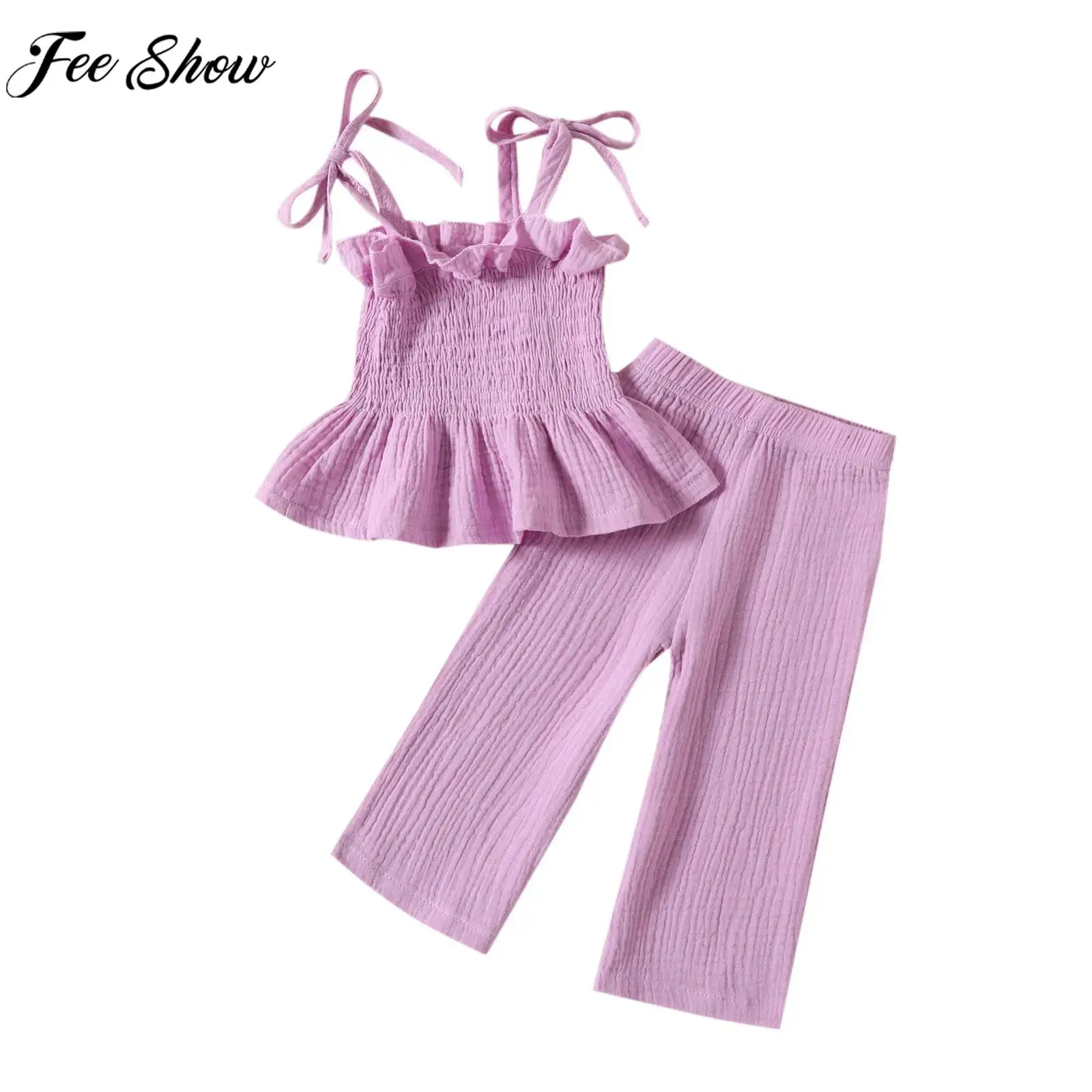 

Baby Girls Solid Casual Linen Outfit Girls Smocked Ruffle Camisole Top with Wide Leg Pants Summer Costume Set School Daily Wear