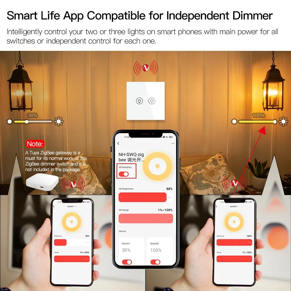 ZigBee Multi-gang Smart Light Dimmer Switch Independent Control Smart Tuya APP Control Works with Alexa Google Home 1/2/3 Gang