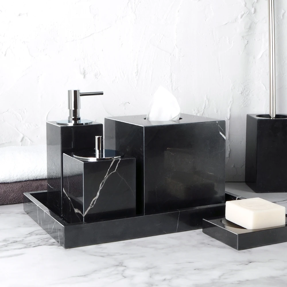 Black Nero Marquina Marble Bathroom Set Luxury Soap Dispenser Soap Dish Aromatherapy Bottle Vase Tissue Box Bathroom Accessories