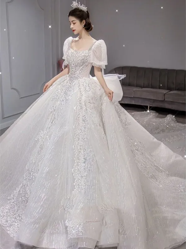 

Elegant plus Size Wedding Dress Long Train One Shoulder Women's Style Bride Gown Lace Embellished Ball Gown for Church Wedding