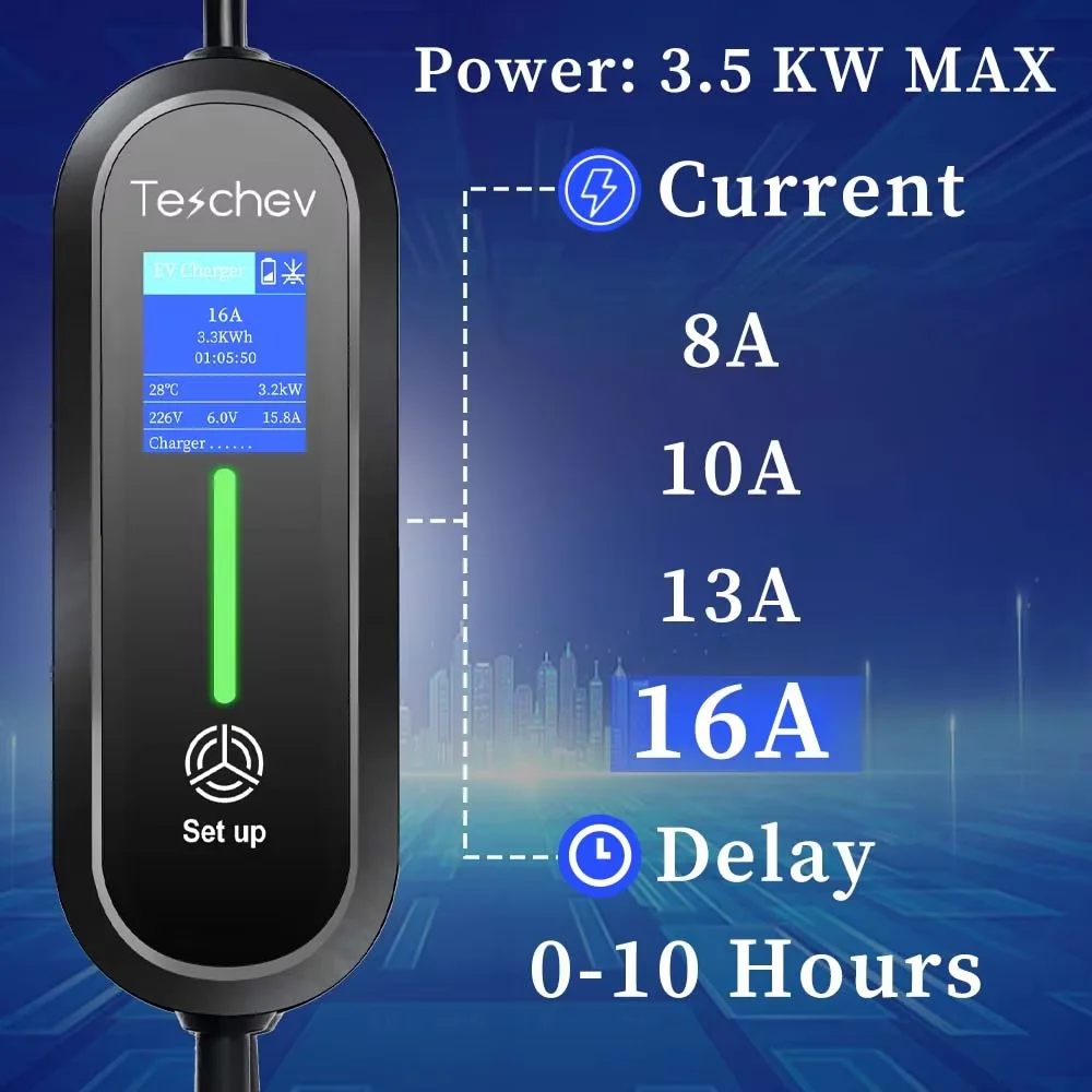 Teschev 220V 230V Type 2 Portable EV Charger 3.6KW 16A 1Phase Wallbox Type1 GB/T EVSE Charging Cable CEE Plug Charging Station