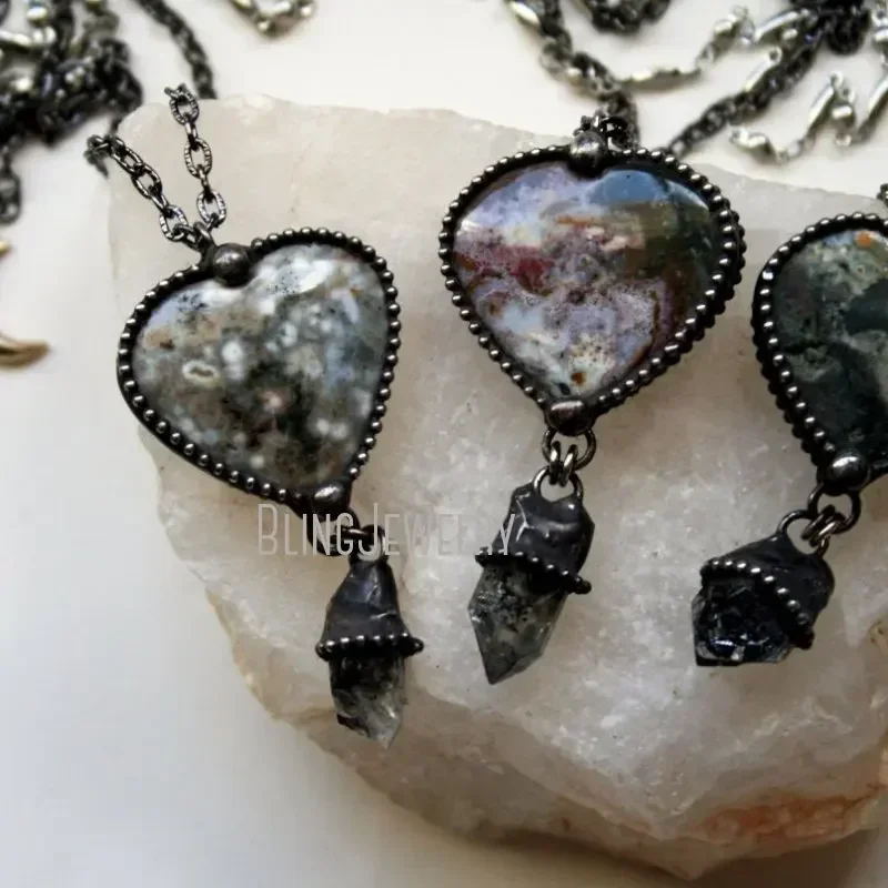 10pcs Ocean Jasper Heart Tibetan Quartz Necklace Women Aesthetic Collares Choker Grunge Goth Halloween Y2k Emo Witch Jewelry