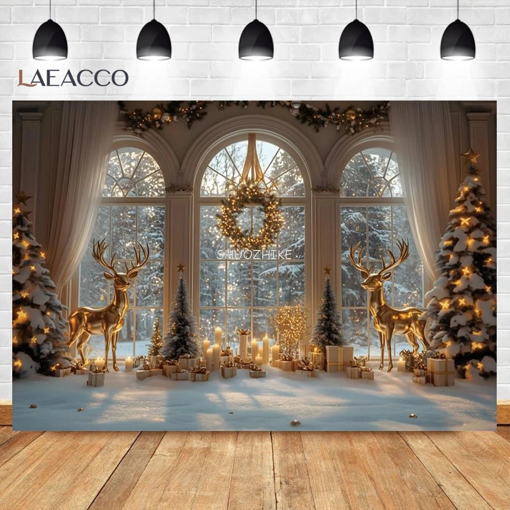عيد الميلاد الأيائل التصوير خلفية نافذة خارجية الثلوج الشتاء العجائب الأسرة الاطفال عيد الميلاد عطلة ديكور خلفية استوديو الصور