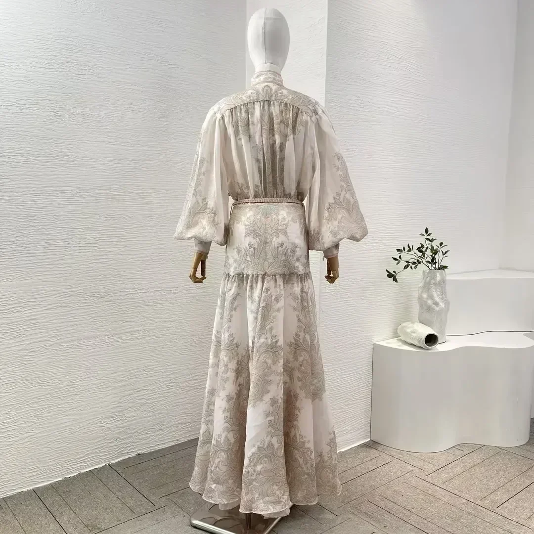 Linen Silk 2024 Fall New Arrivals Vintage Paisley Long Lantern Sleeve Stand Collar Women Re-tro Maxi Dress