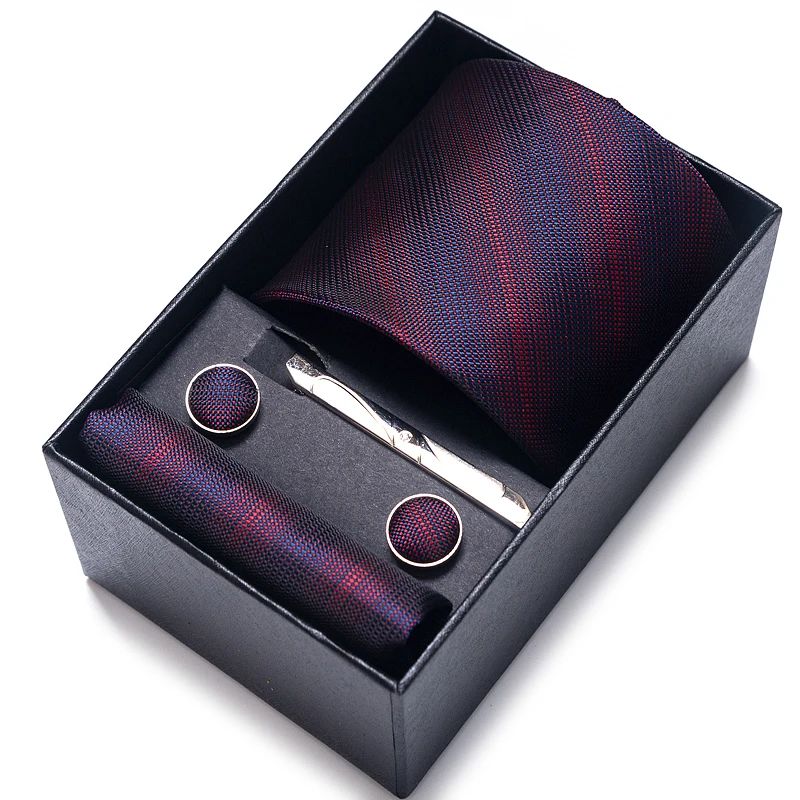 

Brand Fashion Gift Box Tie Handkerchief Cufflink Set For Men Necktie Suit Accessories Red Stripe Slim Wedding Gravatas