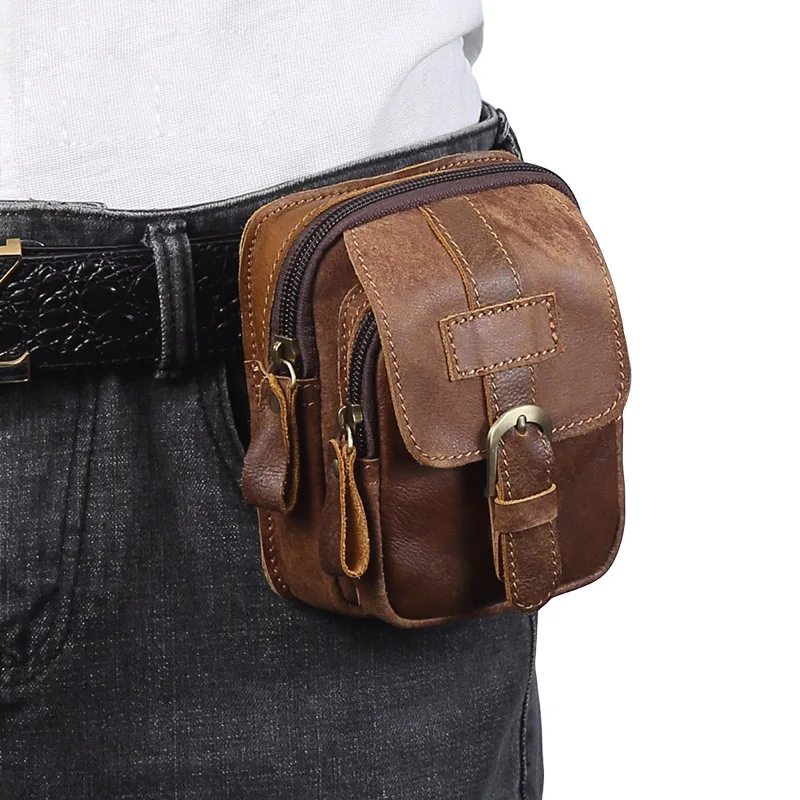 

Vintage Waist Bag Zipper Solid First Layer Genuine Leather Wallet Basic Daily Purse Casual Retro Men Phone Bags Cowskin Wallets