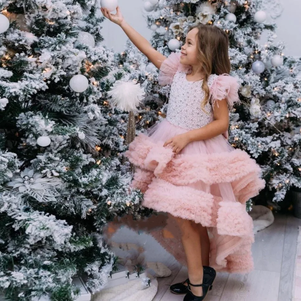 Vestido De lujo para niña De las flores, traje escalonado De perlas con cristal, alto y bajo, para desfile De cumpleaños, comunión, bebé