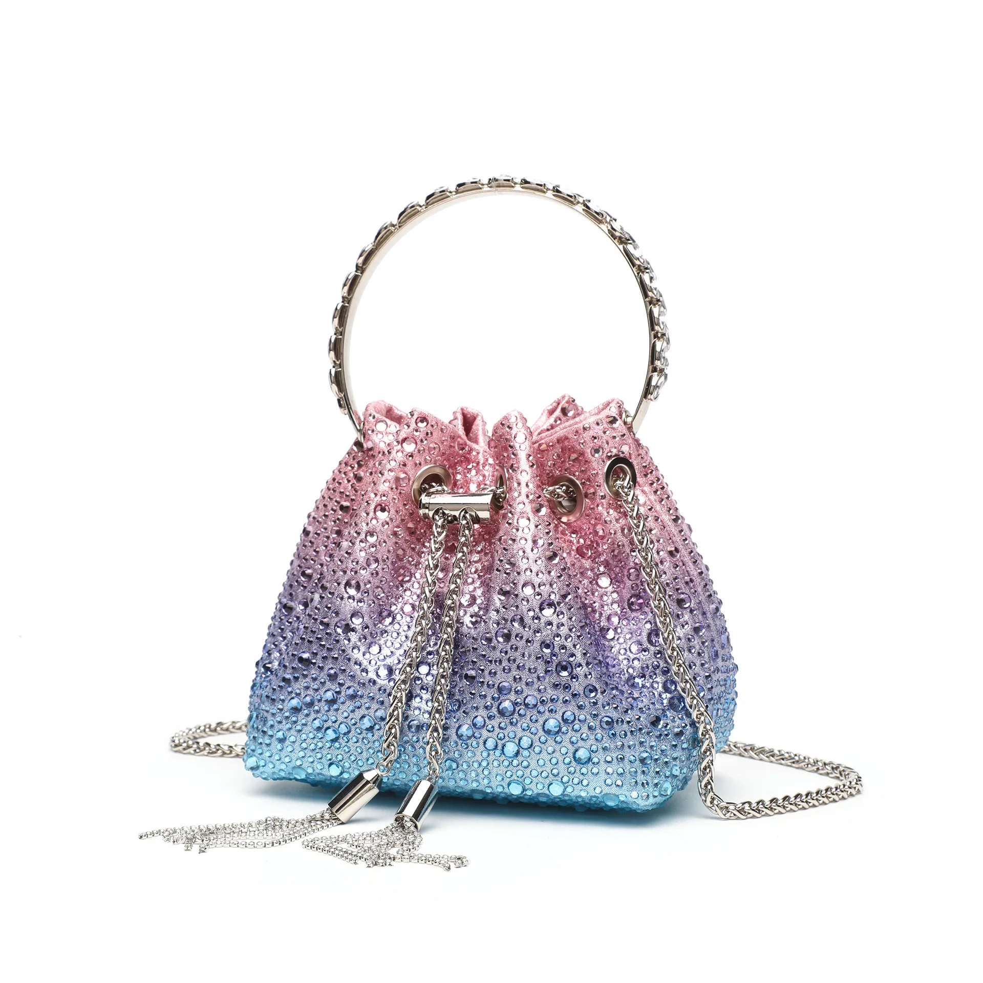 

Gradient Rhinestone Tassel Bucket Purse, Sparkly Ombre Crystal Evening Bag, Metal Ring Handle Crossbody Clutch