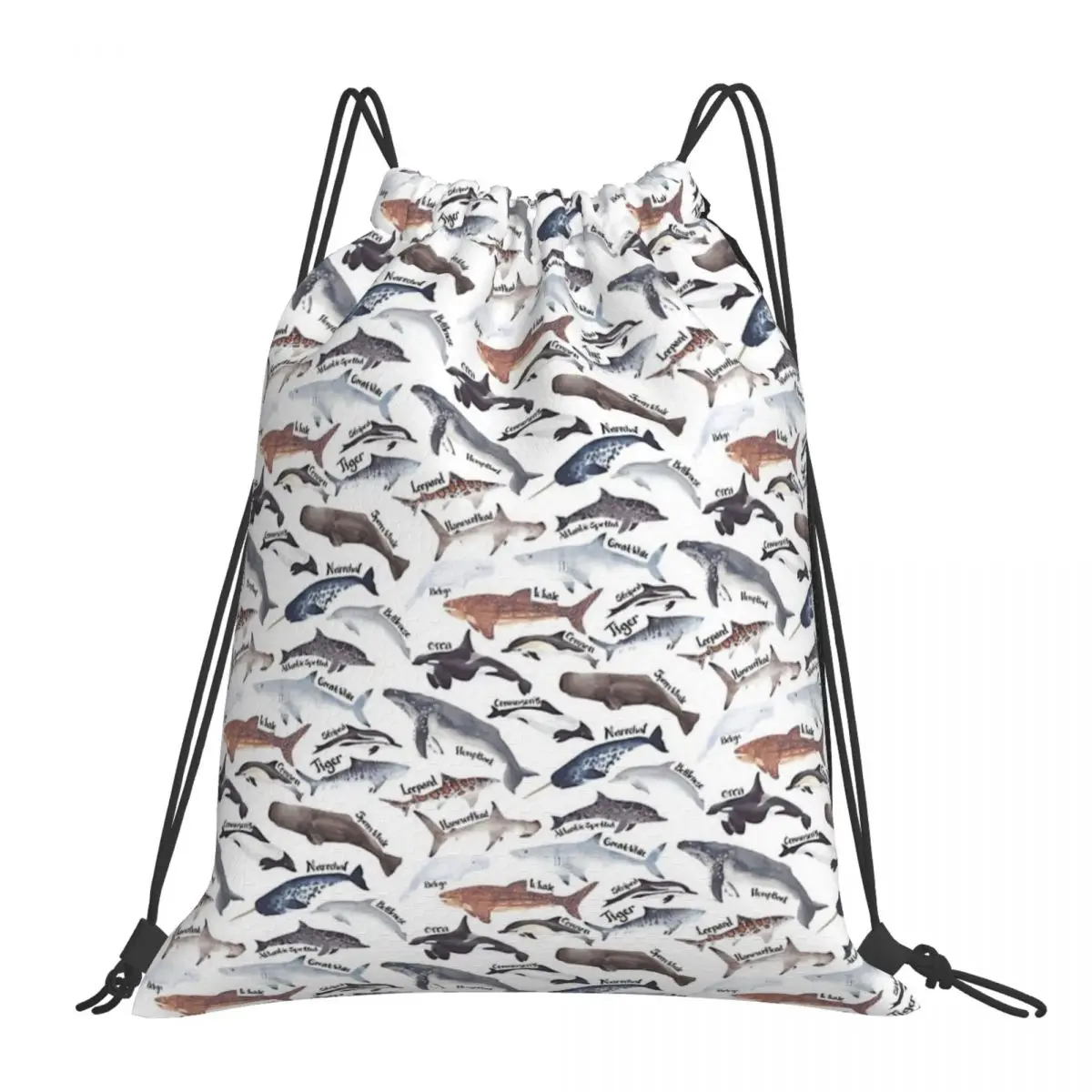 Types Of Whales, Sharks And Dolphins Watercolour Backpacks Casual Portable Drawstring Bags Sports Bag Book Bags For Travel