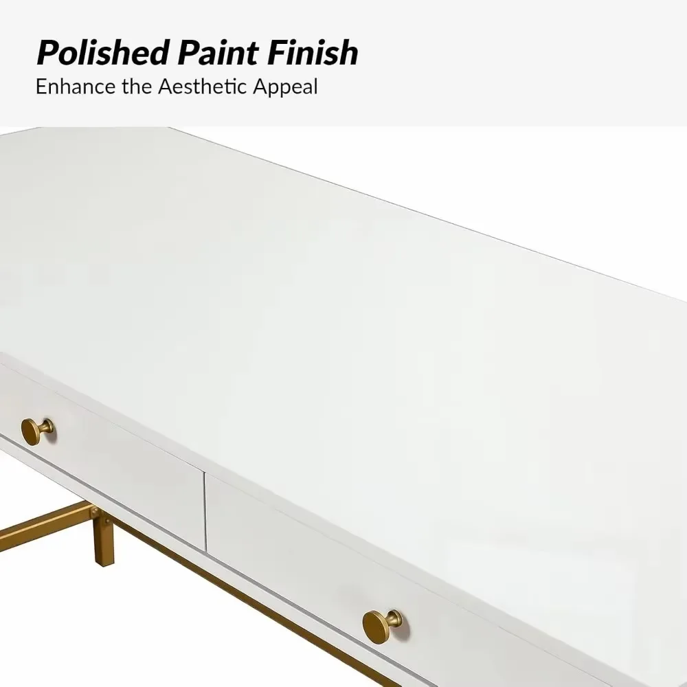 Mesas de escrita com 3 gavetas, mesa de escritório, maquiagem vaidade, branco moderno e dourado, 62in