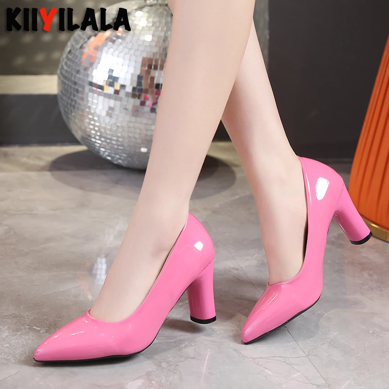 

New 2025 Women's Pumps 7.5cm round Chunky Heel Pointed Toe Patent Leather Shoes plus Size Options Available 44 45