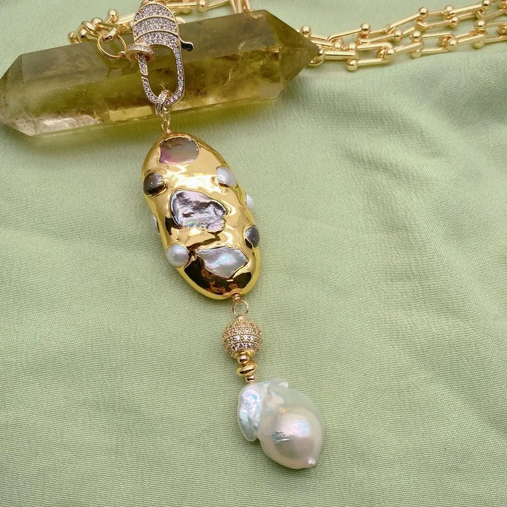 Kkgem 17x23mm White Baroque Pearl   Freshwater Multi Color Pearl Pendant 26x50mm Gold Plated Chain Necklaces view 4