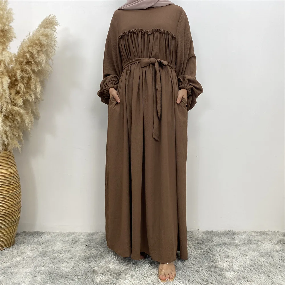 Muslim Women Middle East Dubai Loose Sleeves Robe Dress Abaya Solid Color with Side Pockets