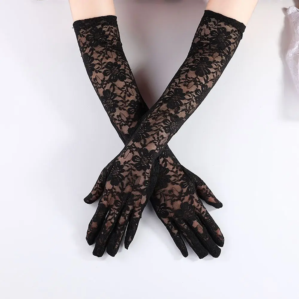 Women Shiny Crystal Long Gloves Wedding Mesh Transparent Breathable Anti-UV Sun Protection Party Mittens