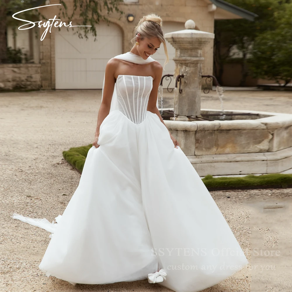 

SSYTENS lvory Beach Wedding Dresses Strapless A Line Long Women Bridal Gown Scarf Israel Elegant Civil Bride Dresses Customized