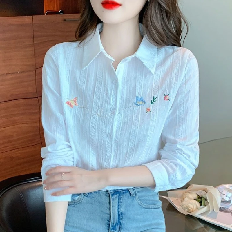 

Женская модная хлопковая рубашка с вышивкой, приталенная, с длинным рукавом, повседневная блузка, весна-осень 2026