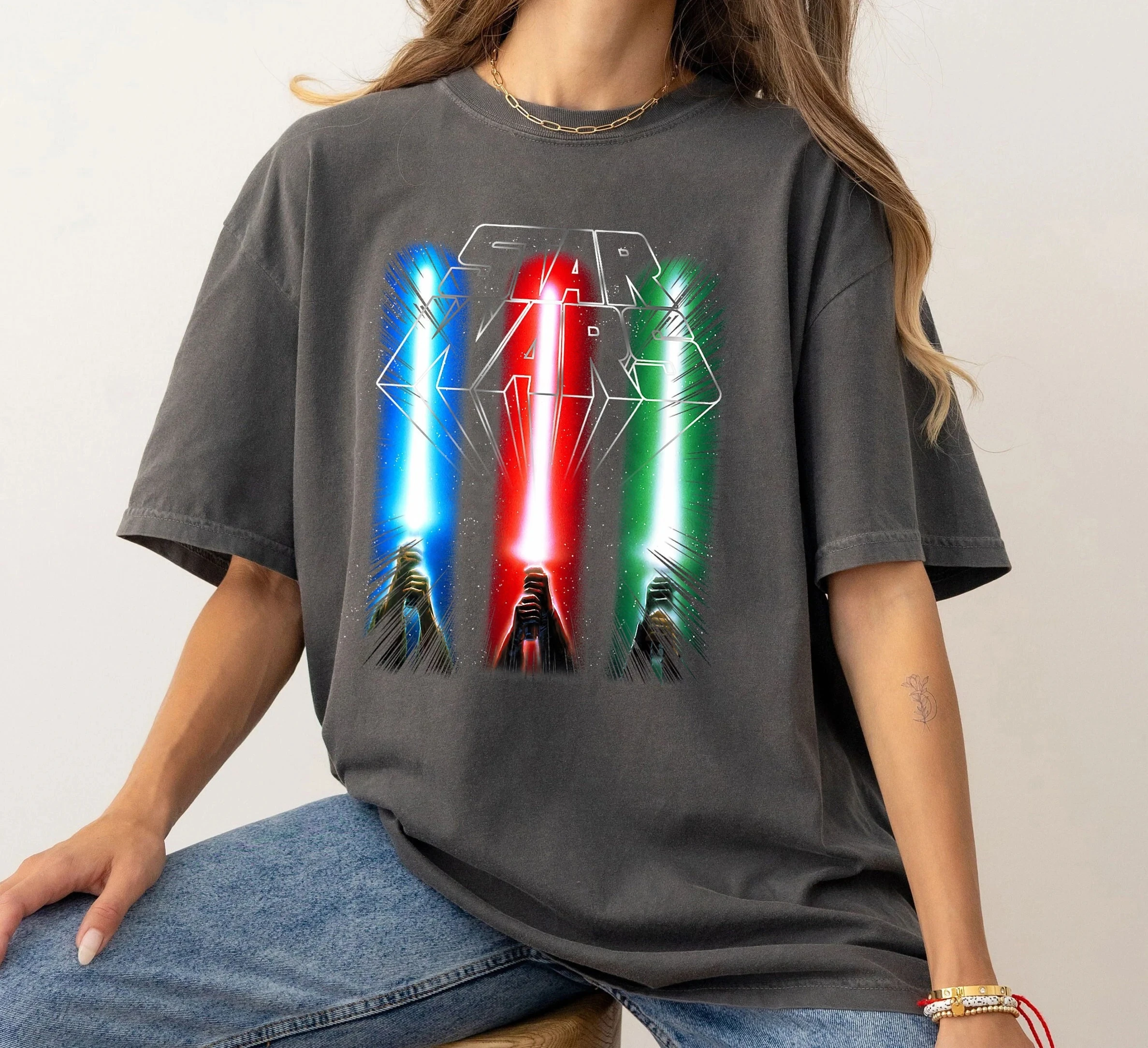 تي شيرت Star Wars Classic Epic Lightsabers Jedi Force Logo تي شيرت ريترو حرب النجوم قميص ديزني لاند الأسرة مطابقة #1