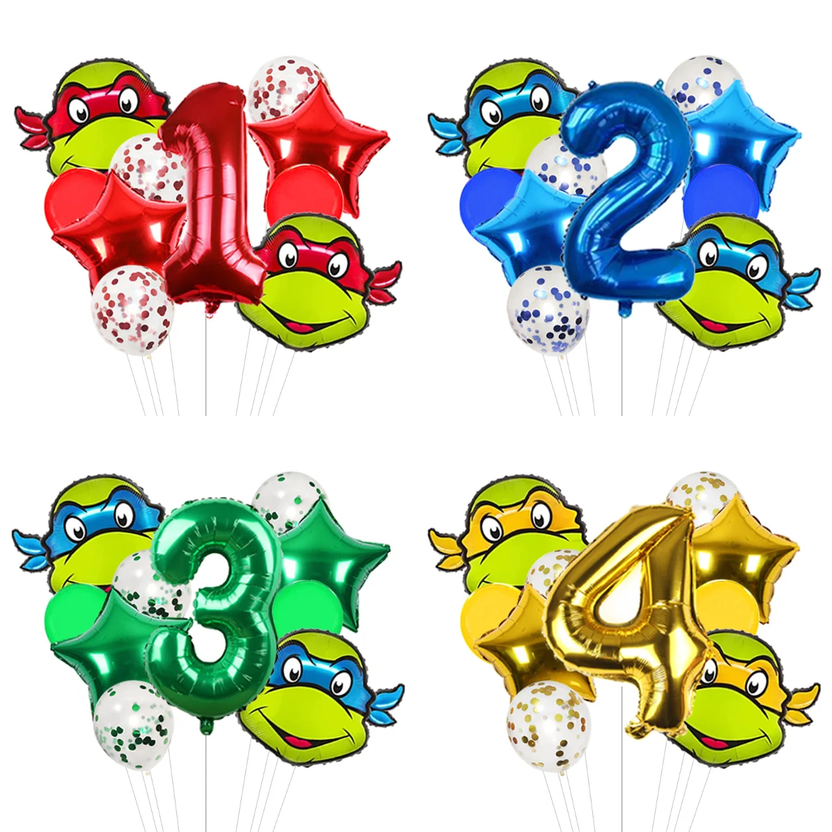 Four Masked Ninja Turtles Foil Balloon Bunch Blue Red Orange Purple with Ninja Star Shield Mylar for Themed Celebration Event