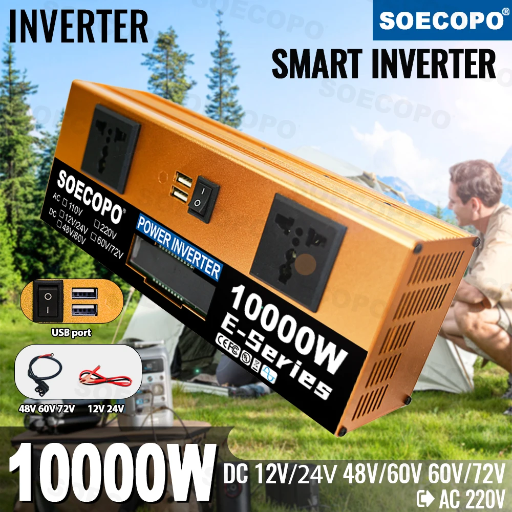 

SOECOPO 10000W Car Inverter(2 USB Ports 2 Sockets)Dual Voltage DC12V/24V 48V/60V 60V/72V to AC 220V Voltage Converter Camping RV