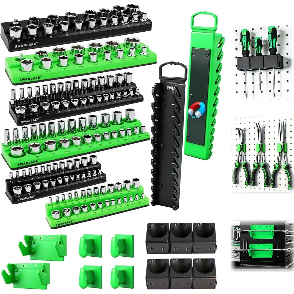 

20-Piece Magnetic Tool Organizer Set, 1/4, 3/8, 1/2 SAE & Metric Sockets, Wrench Holders, 24-Slot Rails, Storage for Pliers and
