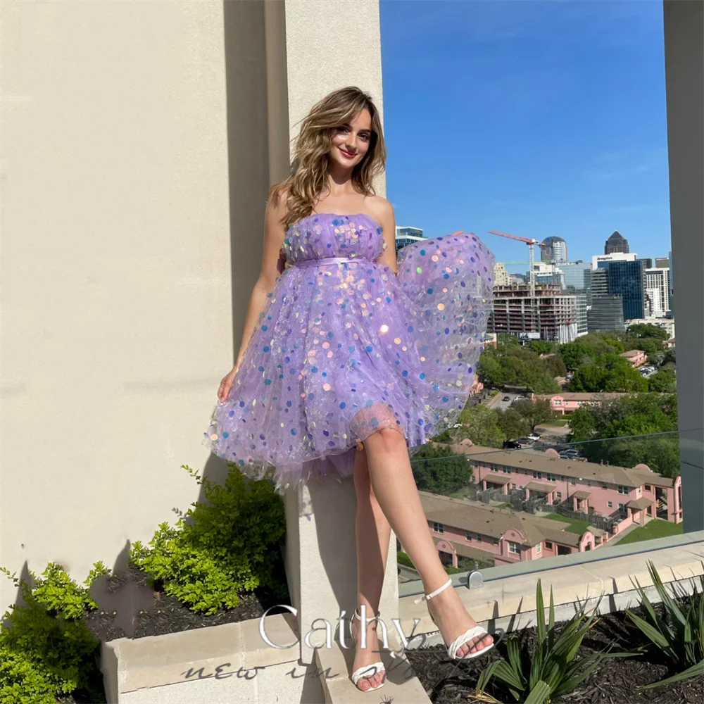 

Cathy Purple فساتين مناسبة رسمية Shiny Mini Ball Gown Prom Dress 2023 Sequins Short Strapless Vestidos De Noche