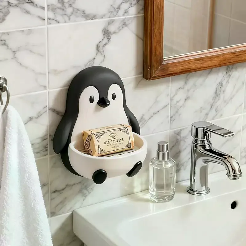 (1pc Penguin Soap Holder Punch‑Free Wall Mounted Soap Dish With Drainage Creative Toilet Storage Organizer (No Drill))
