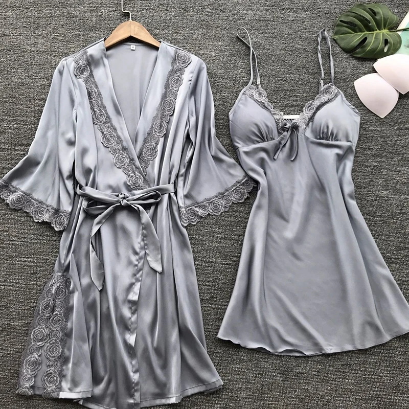 

2 Piece V Neck Wedding Night Sleepwear Nightdress Robe Fashion Women's Pajama Set Satin Home Sleepwear Lace Robe Pajama Set