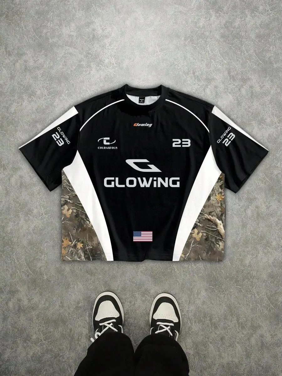 

Men's Streetwear Loose Fit Short Sleeve T-Shirt with Camo Panels and Graphic Print