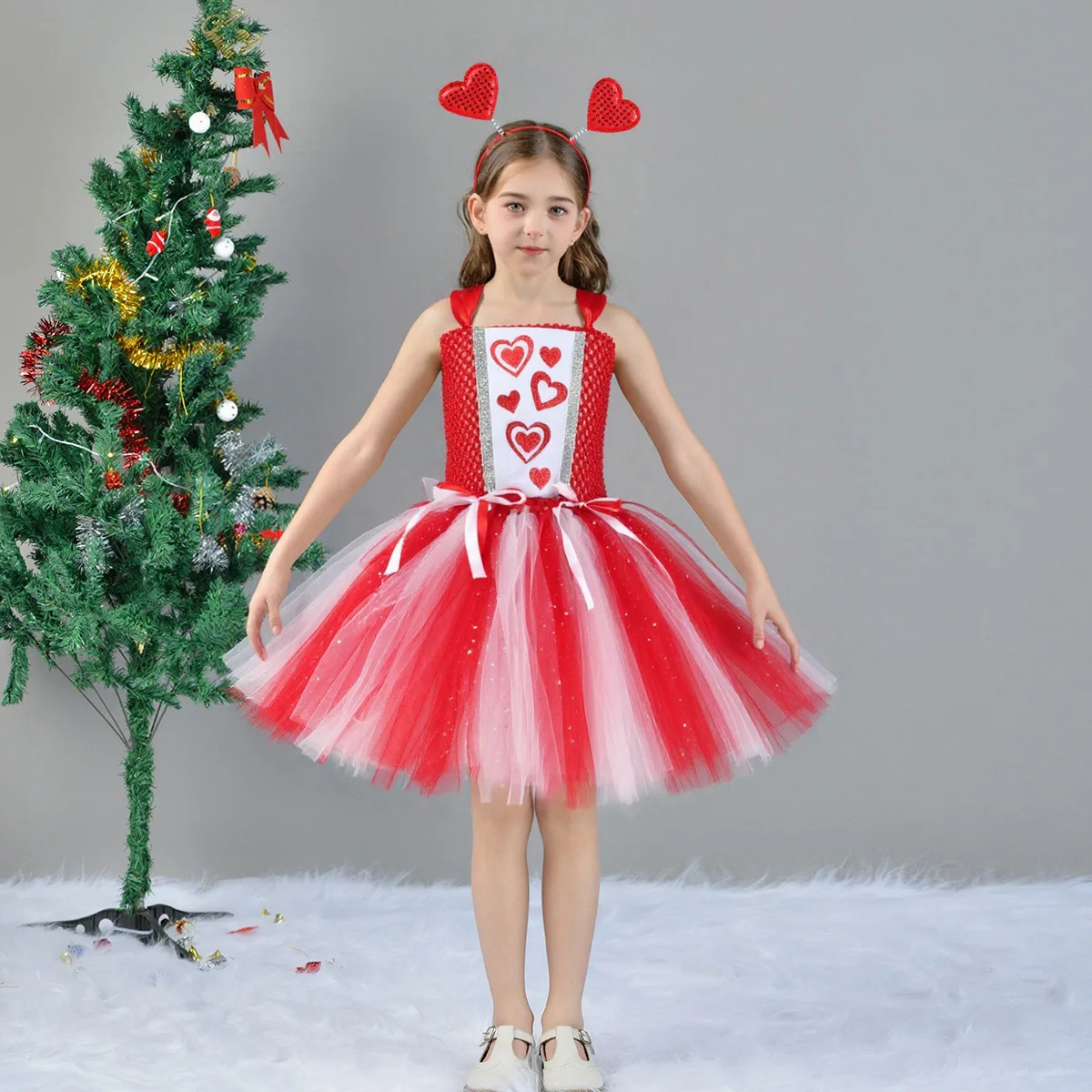 Kids Red Mesh Heart Tutu Dress Girls Valentine’s Day Outfit with Double Heart Headband Layered Tulle Skirt for Photo Prop