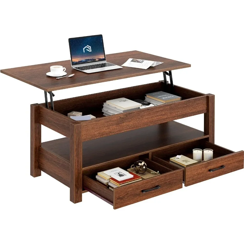 Mesa de centro elevable con cajones y compartimento oculto, mesa central retro con mesa elevadora de madera