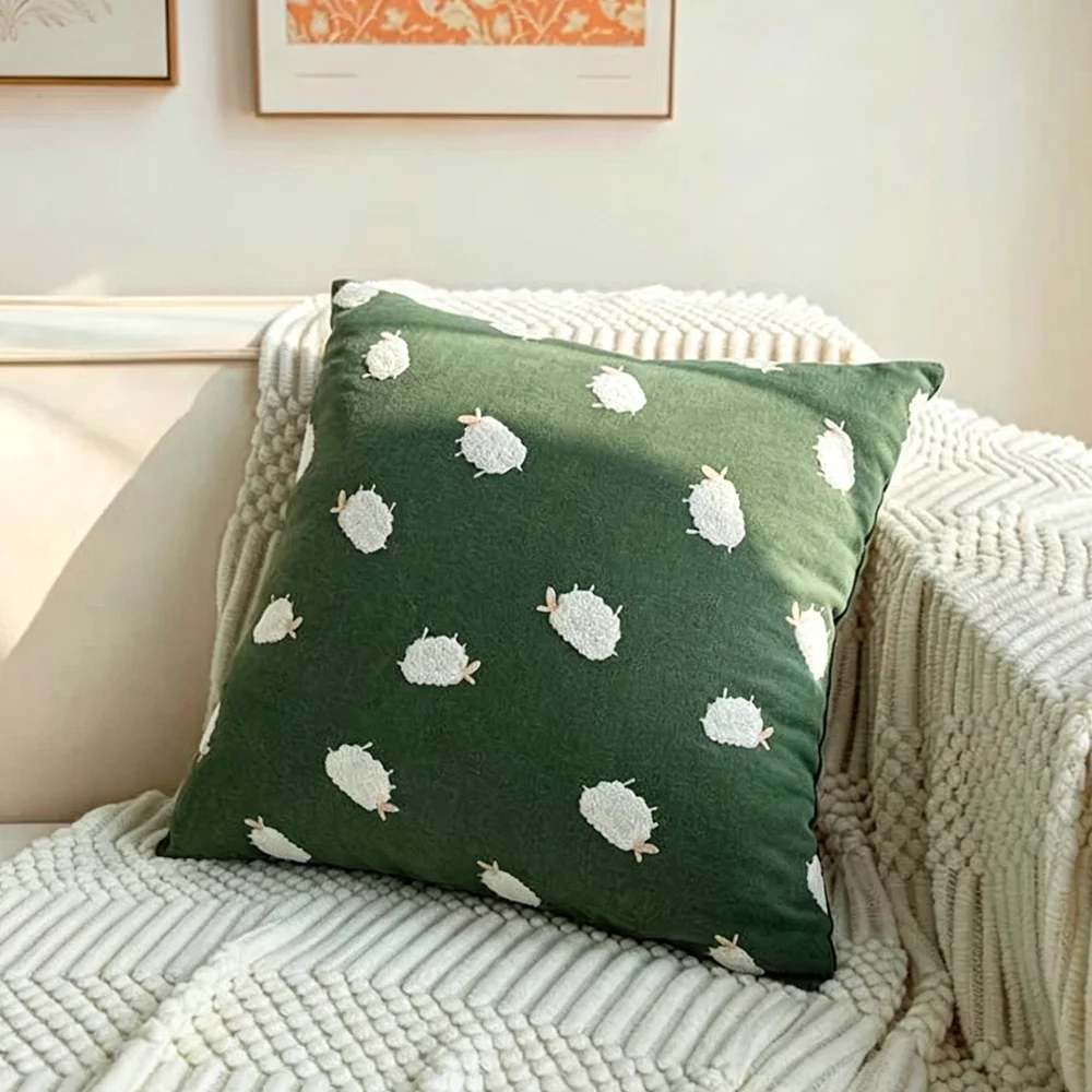 Fashion Lovely Embroidered Sheep Green Decorative Interior Cushion Cover Bedding Sofa Living Room Gifts 1 Piece Pack