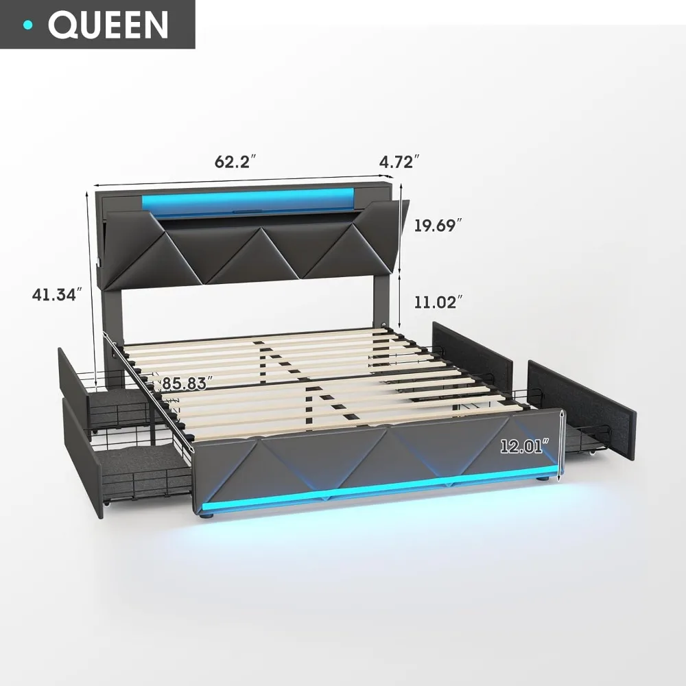 Struttura letto queen size con testiera portaoggetti e 4 cassetti, piattaforma imbottita con luci a LED, testiera regolabile