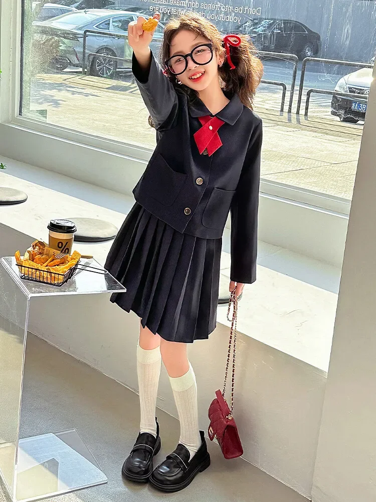 Girls' Academy Style JK Unifor Set Spring and Autumn Season New Korean Edition Coat Pleated dress set