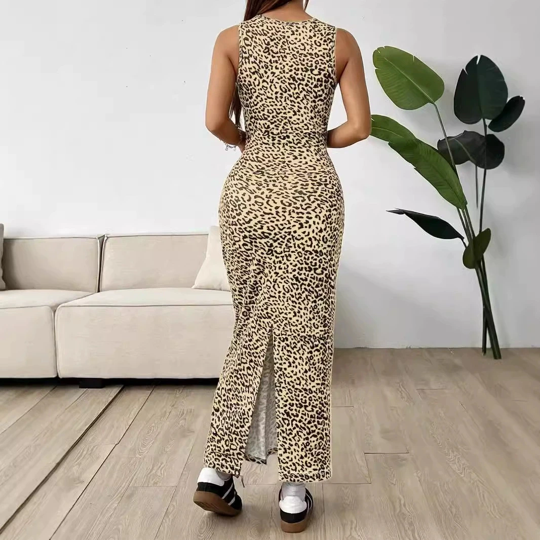 Abito attillato senza maniche lavorato a maglia con stampa leopardata alla moda con scollo tondo a maniche lunghe