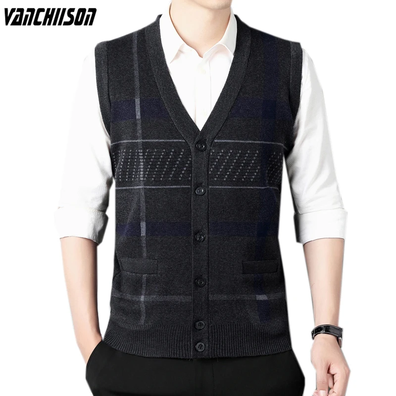 

Men Sleeveless Wool Knit Cardiga Buttons Down Vest Basic Thick for Autumn Winter Stripes Retro Vintage Male Fashion 00249