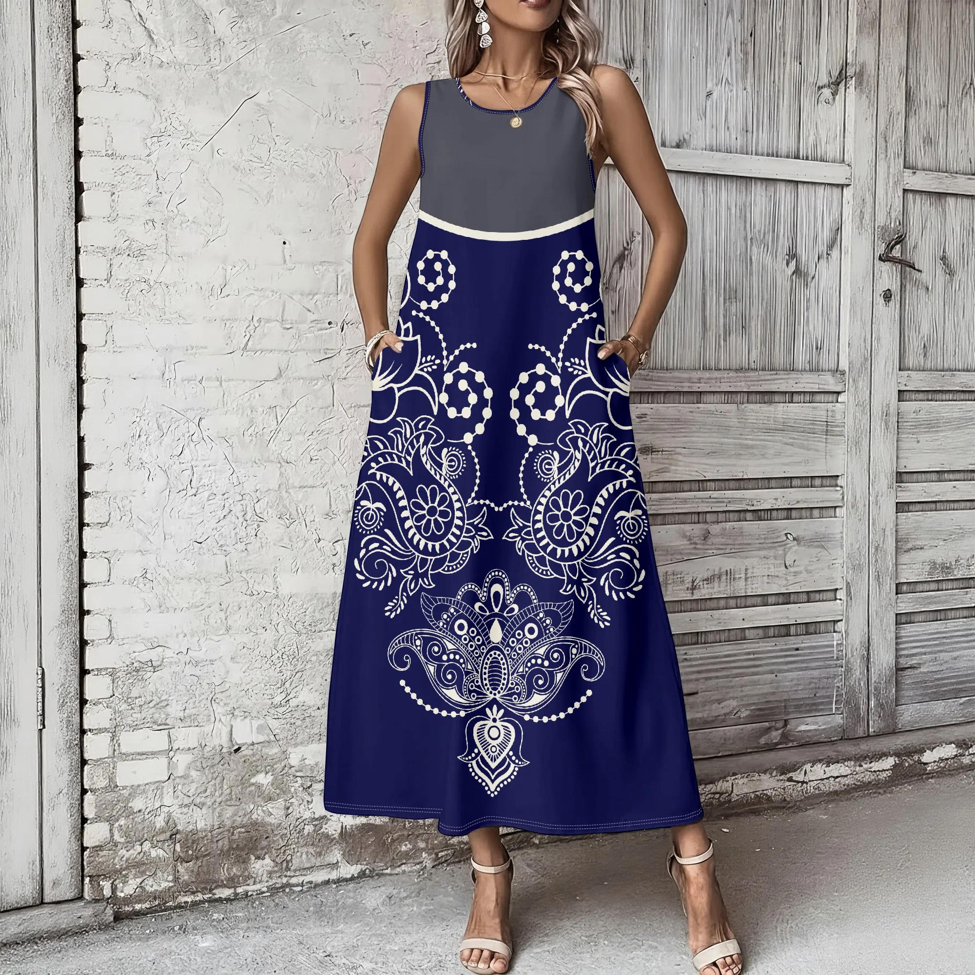 

Women's Summer Sleeveless Round Neck Long Dress, 3D Fashionable Printed Large Swing Dress.