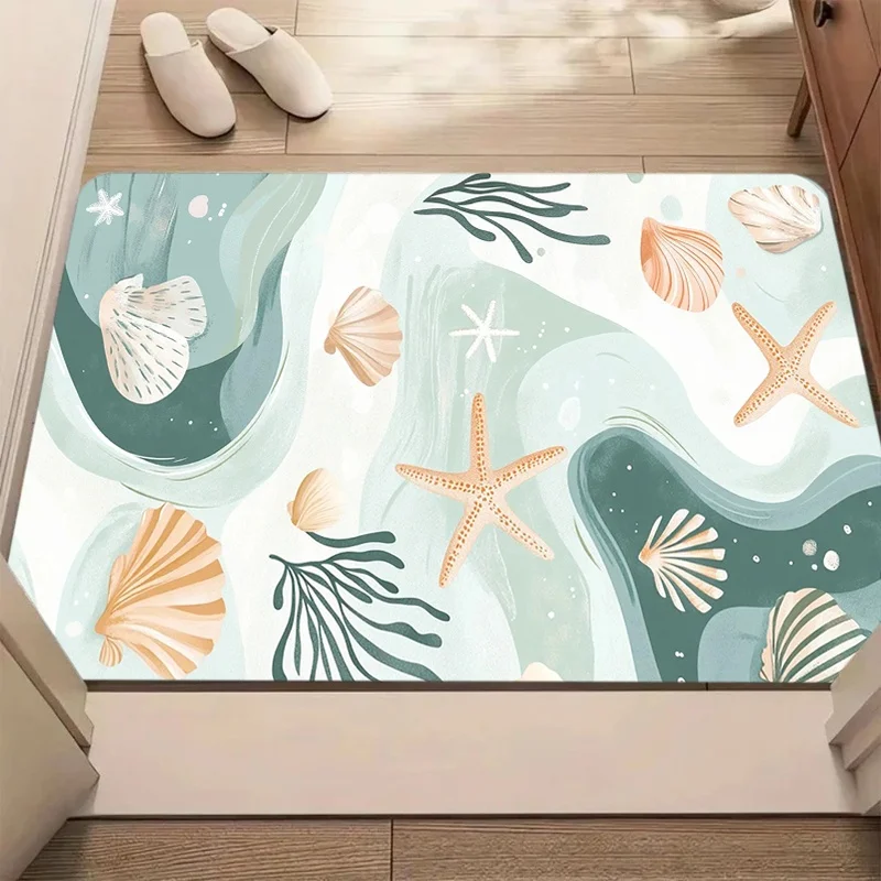 Light Green Abstract Wave Starfish Seashell Print Door Mat Anti Slip Entrance Doormat Minimalist Coastal Beach Pattern Rug