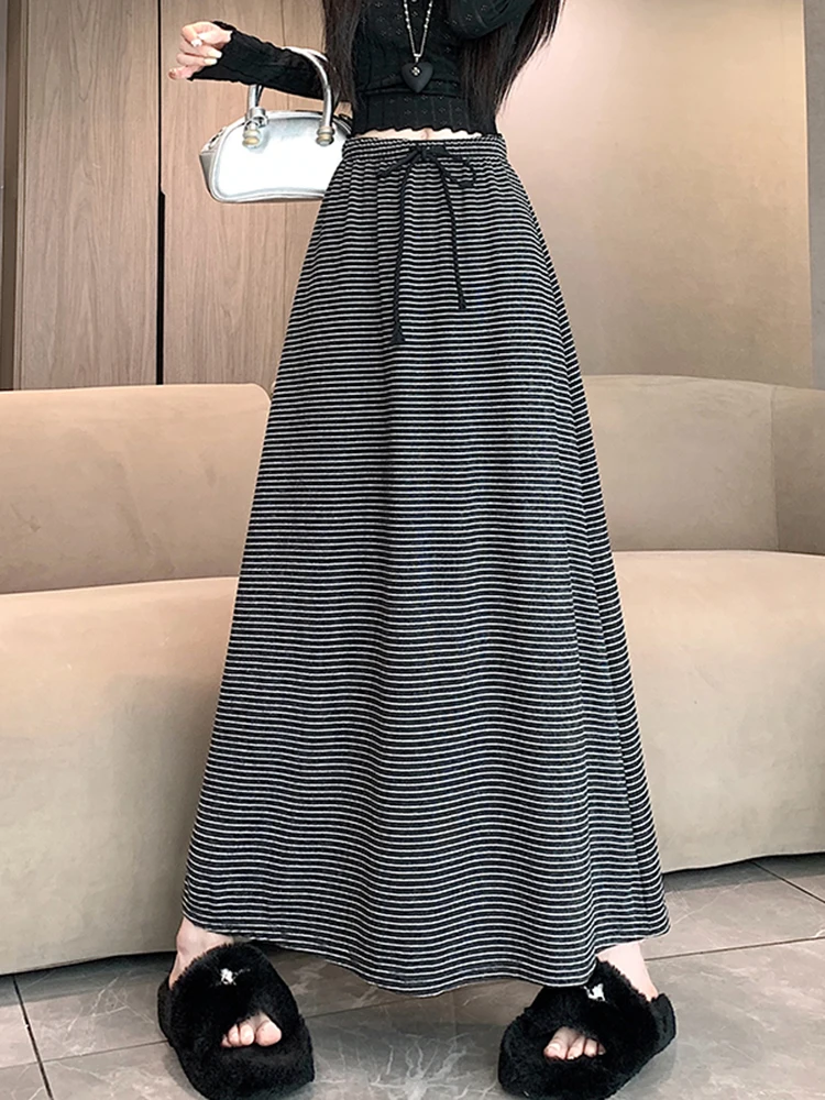 

Новая повседневная комфортная юбка миди Lazy Stripe А-силуэта с завышенной талией, облегающая, на резинке, весна 2026