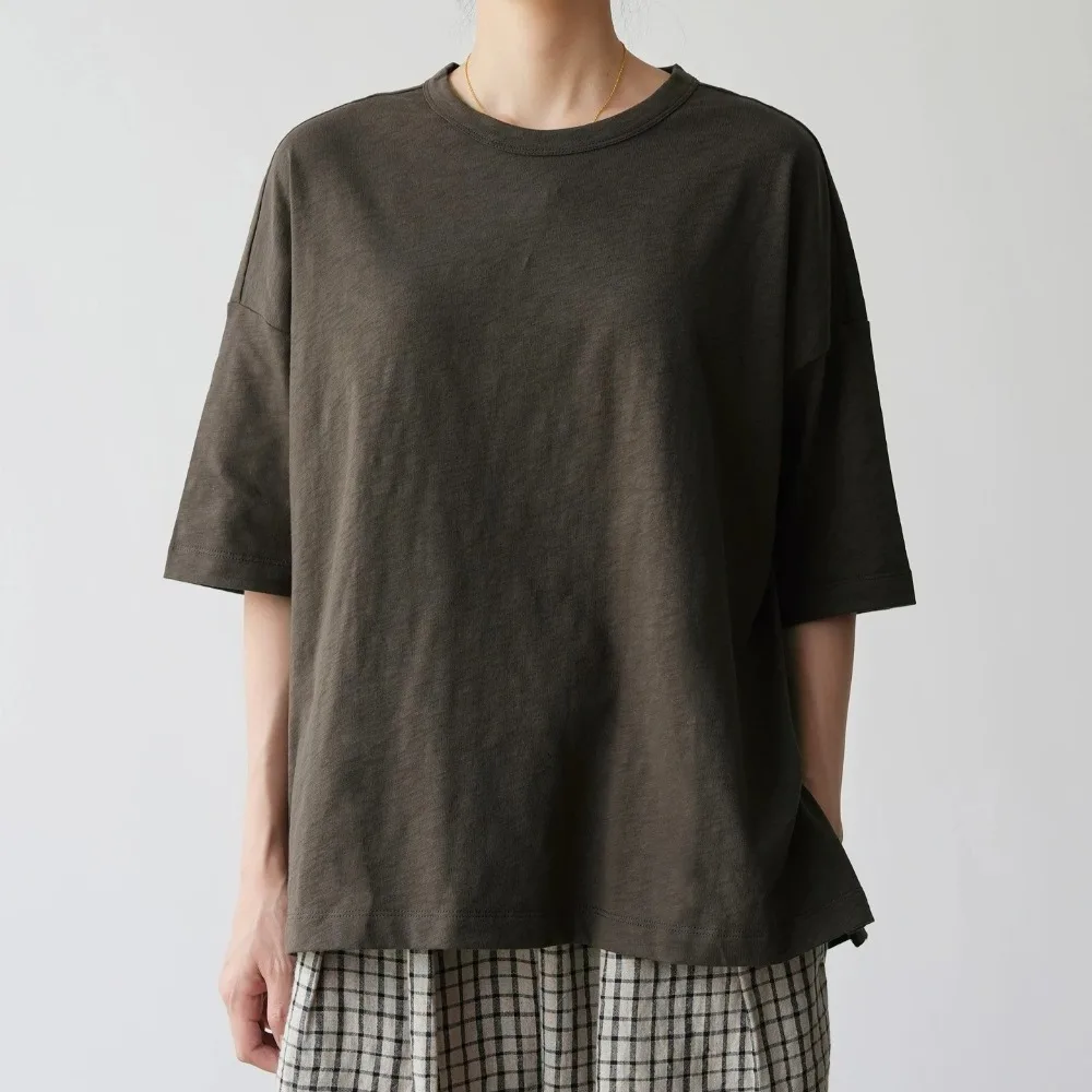 Japanese-style Loose-fit Round Neck Cotton T-shirt