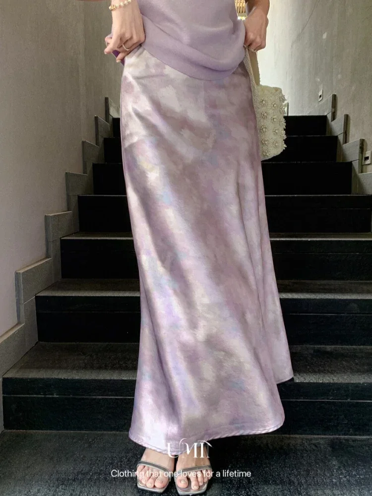 

High Waist Silk Smooth Ink Printing Fishtail Skirt Summer Elegant Long Skirt Womans Lady Art Flower Satin A-line Skirts Woman