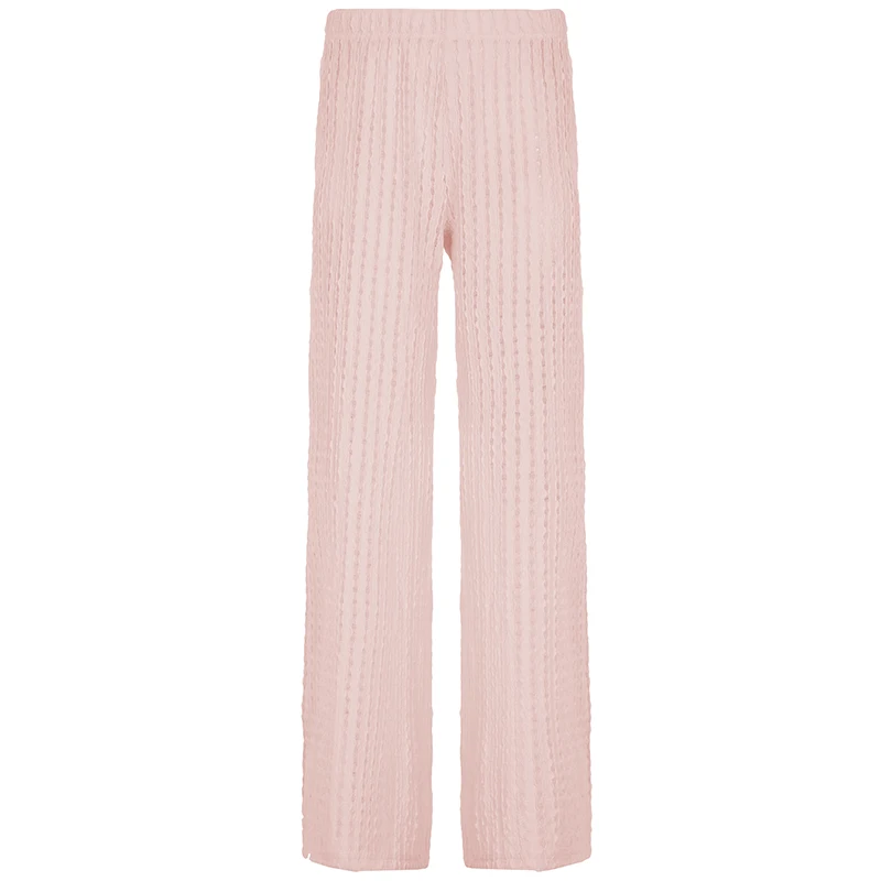 Beach Style Hollow Out Knitted Pants See Through Casual Loose High Waist Wide Leg Pants Women Sexy Basic Trousers Streetwear