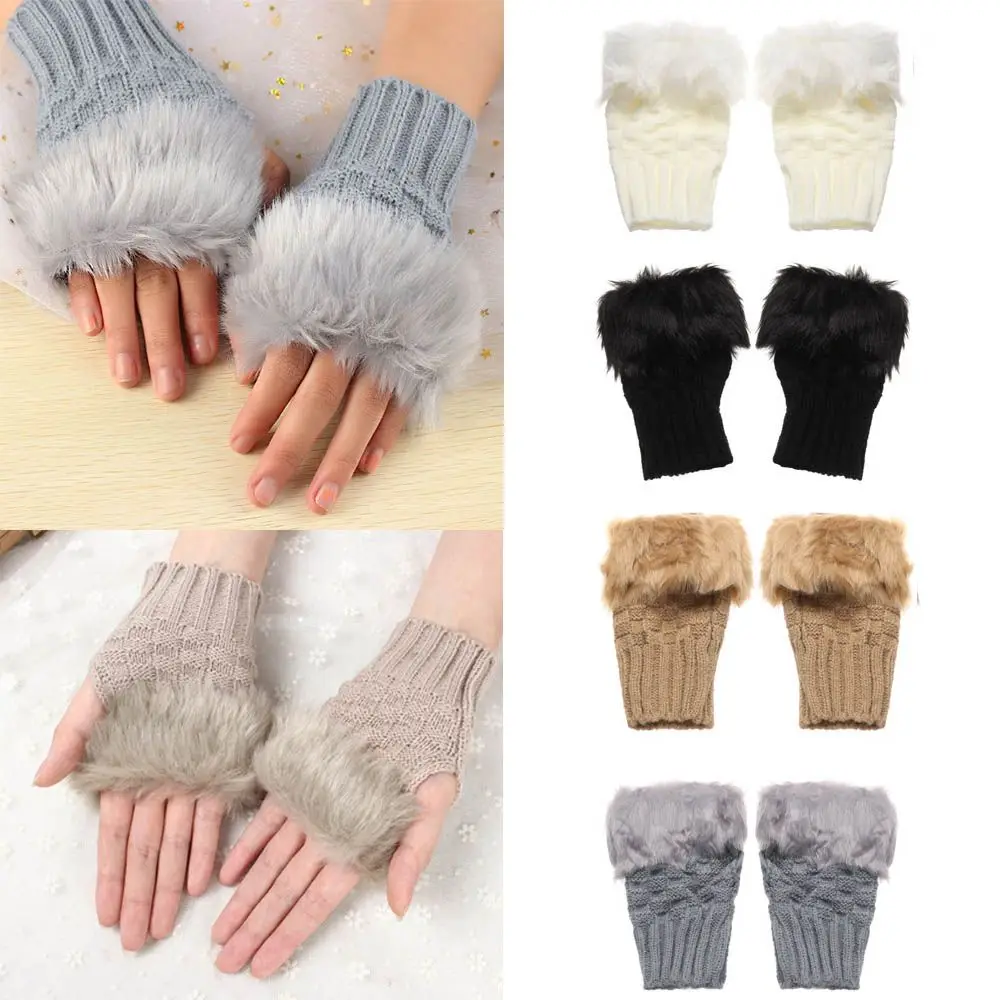 Mode Elastische Halten Finger Warme Gestrickte Handschuhe Verdicken Warme Faux Kaninchen Haar Handschuhe Warme Fäustlinge Frauen Mädchen