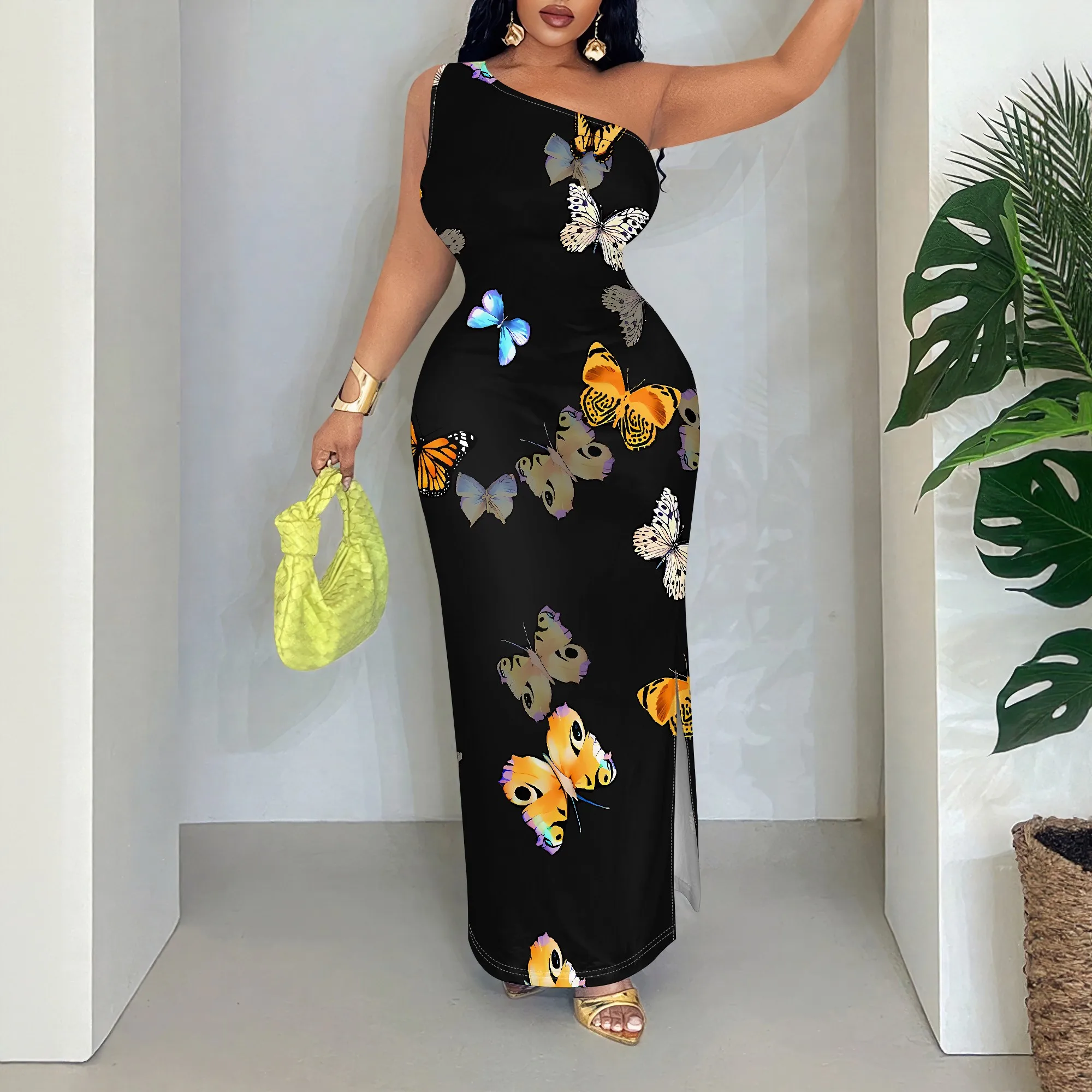 

Butterfly Print One Shoulder Maxi Dress, Sleeveless Bodycon Gown, Elegant Party Clubwear, S-2XL
