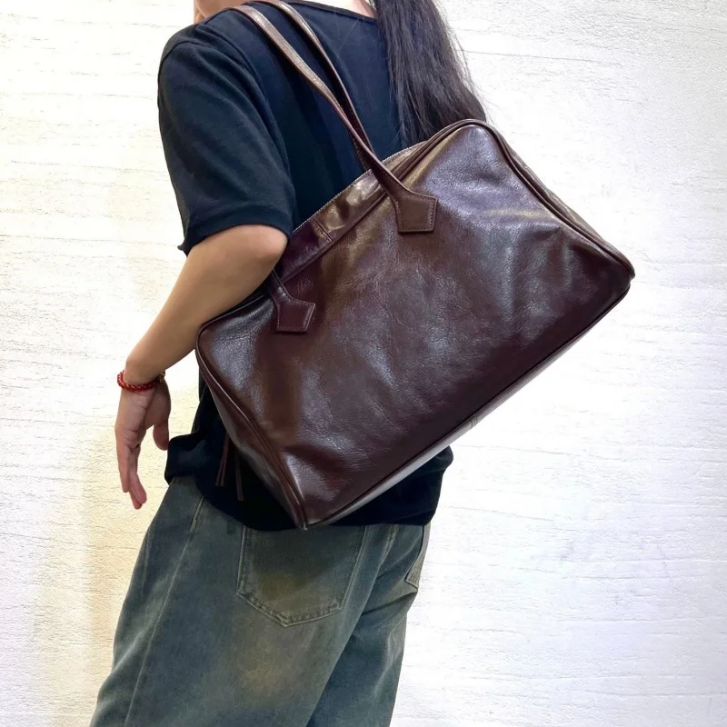 Women Luxury Handbag Retro Vegetable Tanned Leather Boston Travel Business Trip Work Tote Female Shoulder Bag Top-Handle Bags