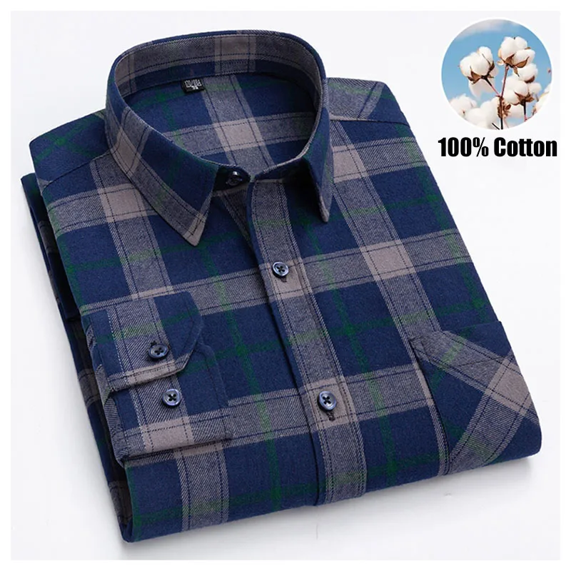 100% Cotton Flannel Plaid Shirts For Men Fashion Long Sleeved Turn-down Collar Regular Fit Male's Casual Bussiness Check Blouses
